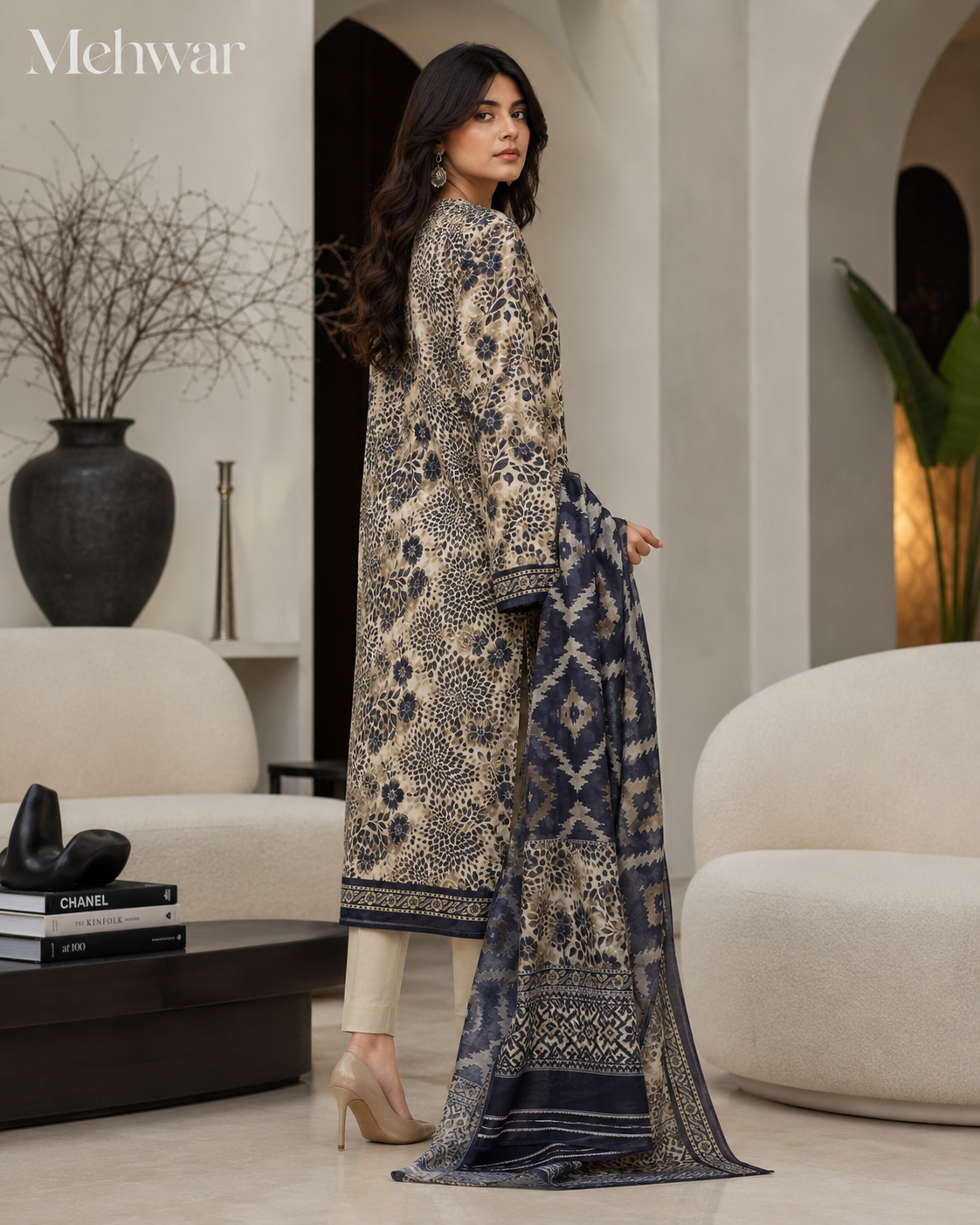 Mehwar – Ivory Noir Heritage Printed Lawn Suit