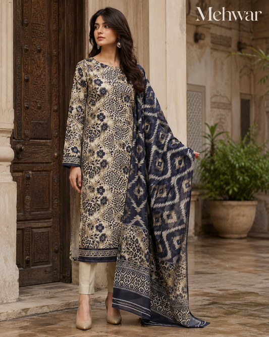 Mehwar – Ivory Noir Heritage Printed Lawn Suit