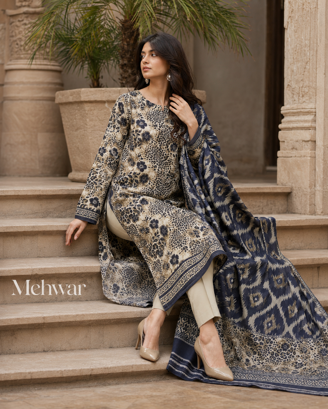 Mehwar – Ivory Noir Heritage Printed Lawn Suit