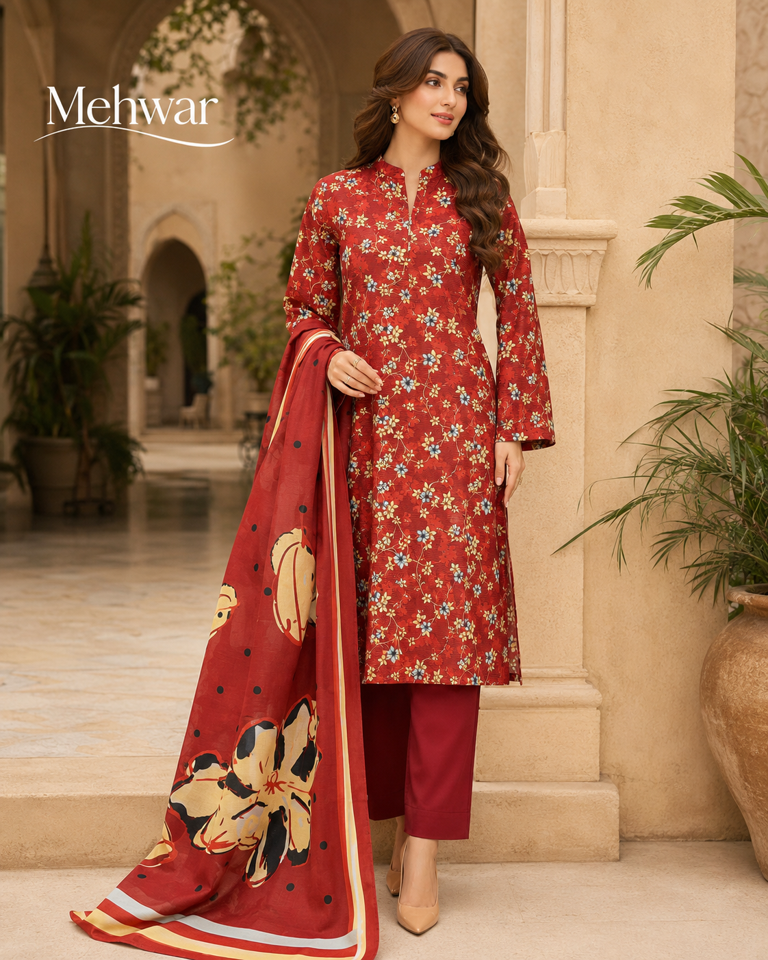 Mehwar – Crimson Meadow Floral Printed Lawn Suit