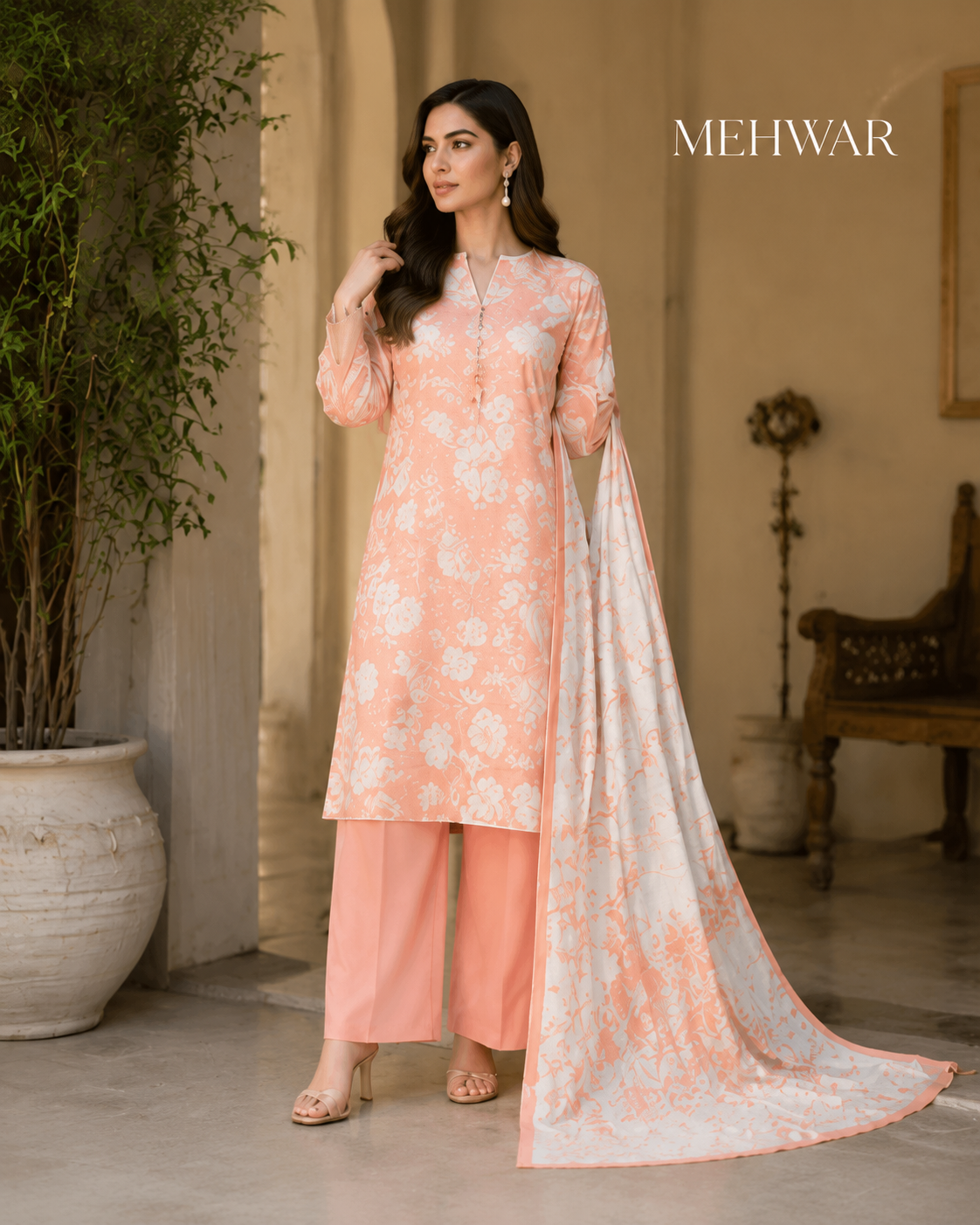 Mehwar – Peach Serenity Floral Printed Lawn Suit