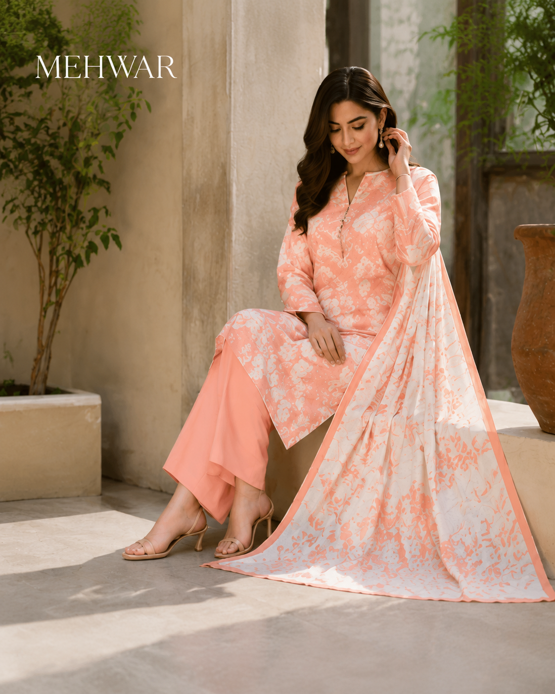 Mehwar – Peach Serenity Floral Printed Lawn Suit