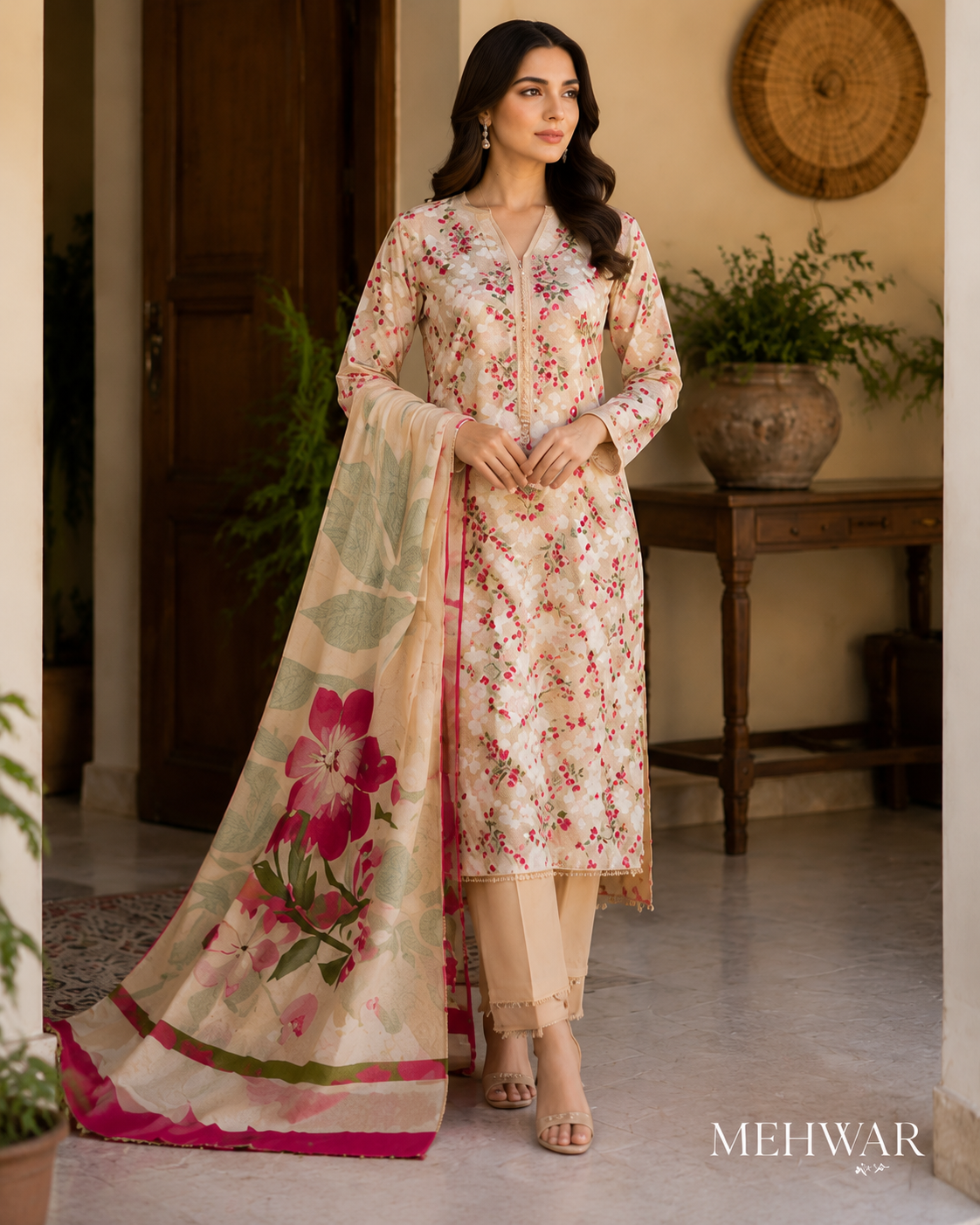 Mehwar – Rosé Garden Floral Printed Lawn Suit