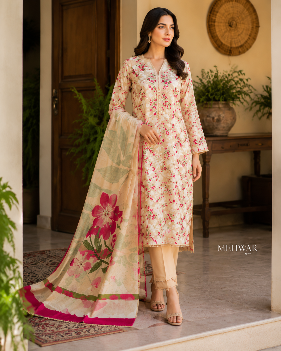 Mehwar – Rosé Garden Floral Printed Lawn Suit
