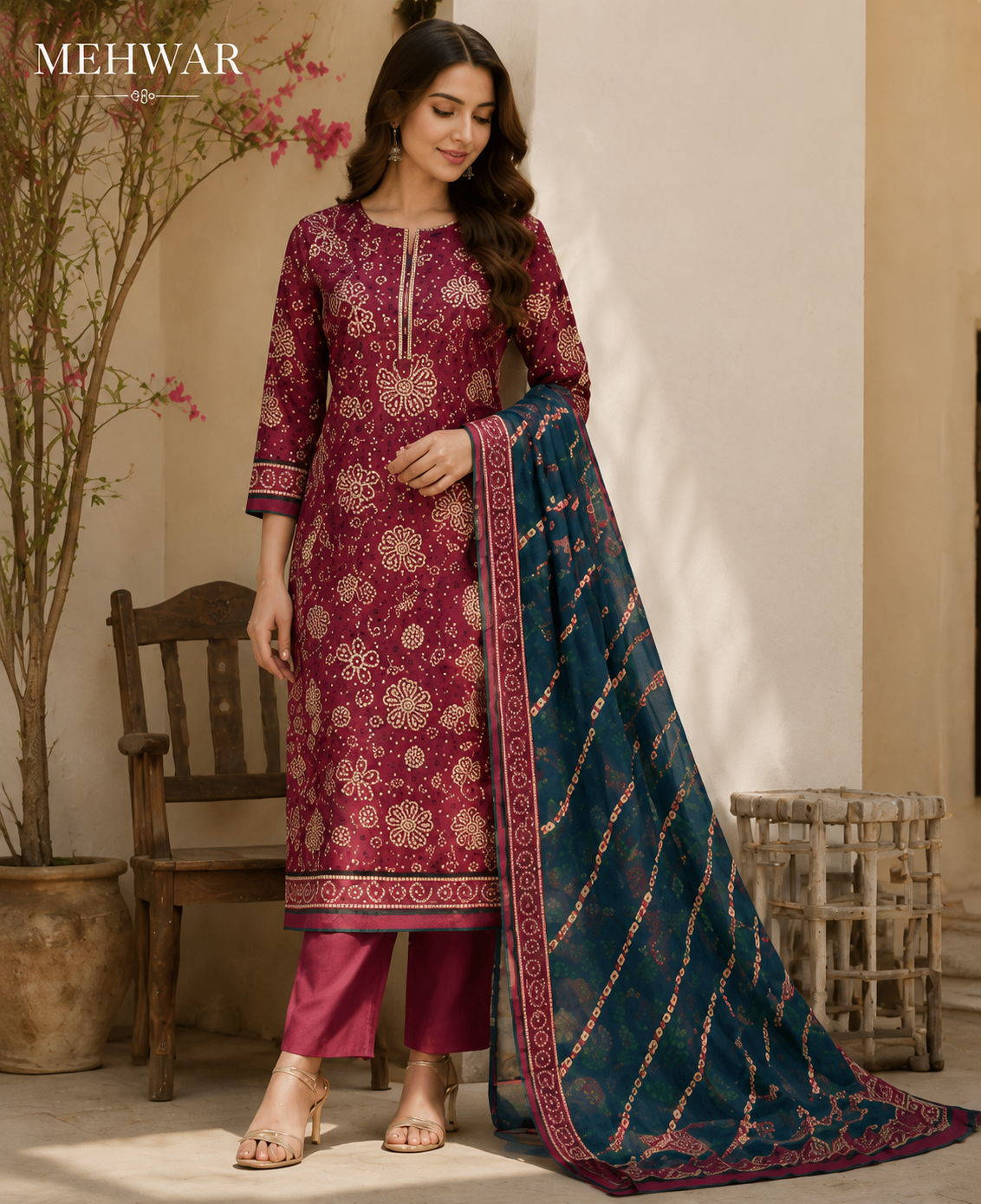 Mehwar – Royal Maroon Jacquard Printed Lawn Suit