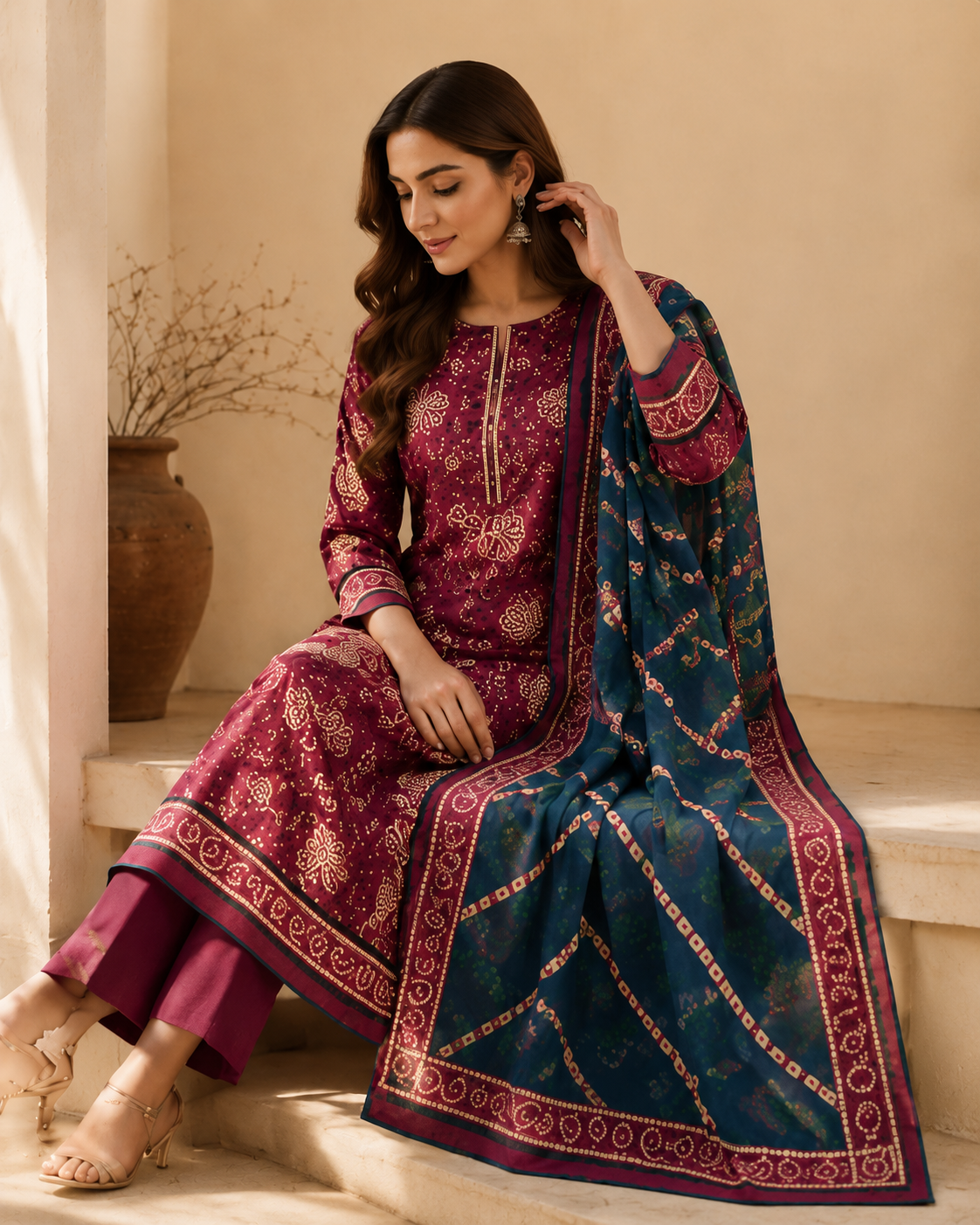 Mehwar – Royal Maroon Jacquard Printed Lawn Suit