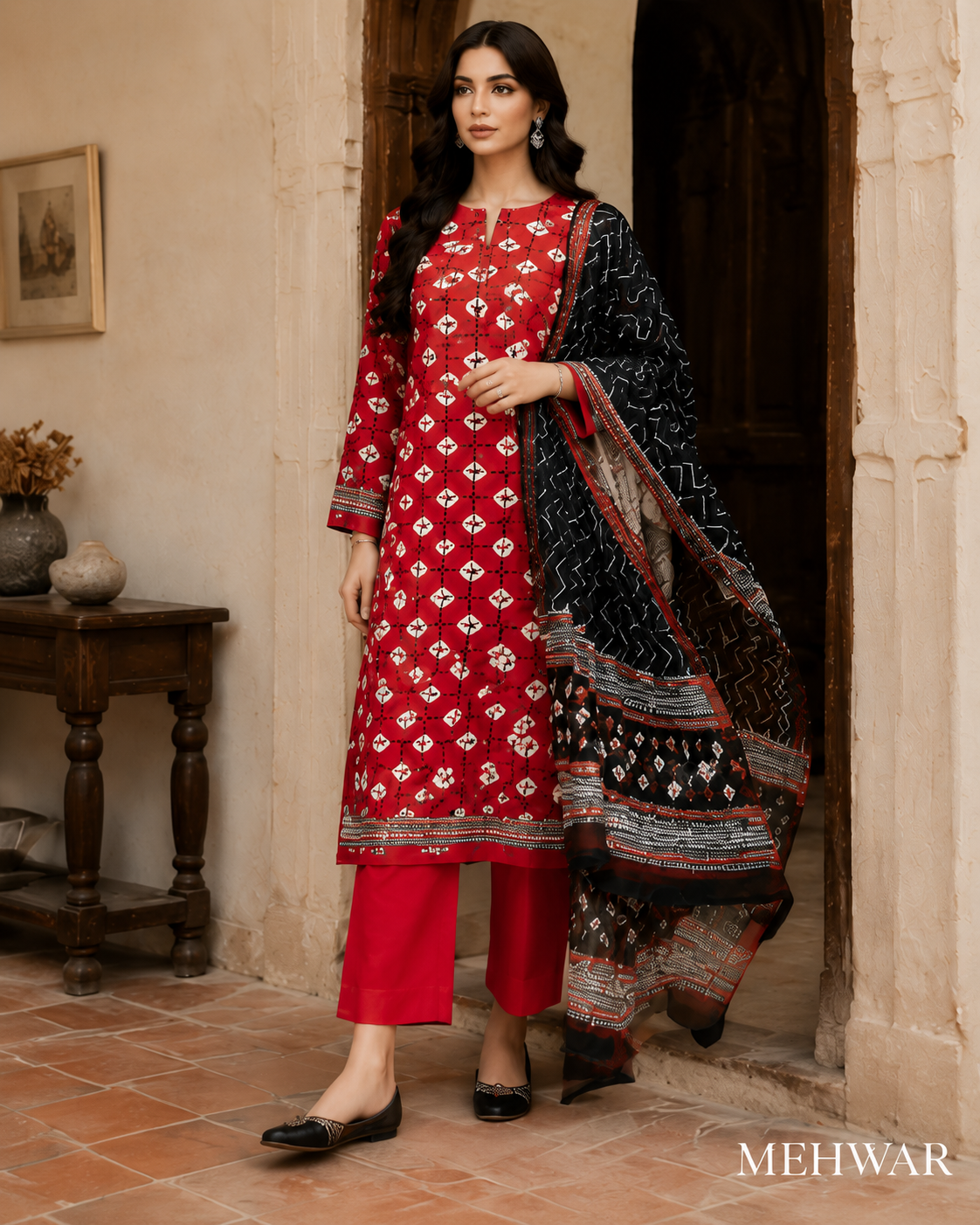 Mehwar – Crimson Noir Printed Lawn Suit