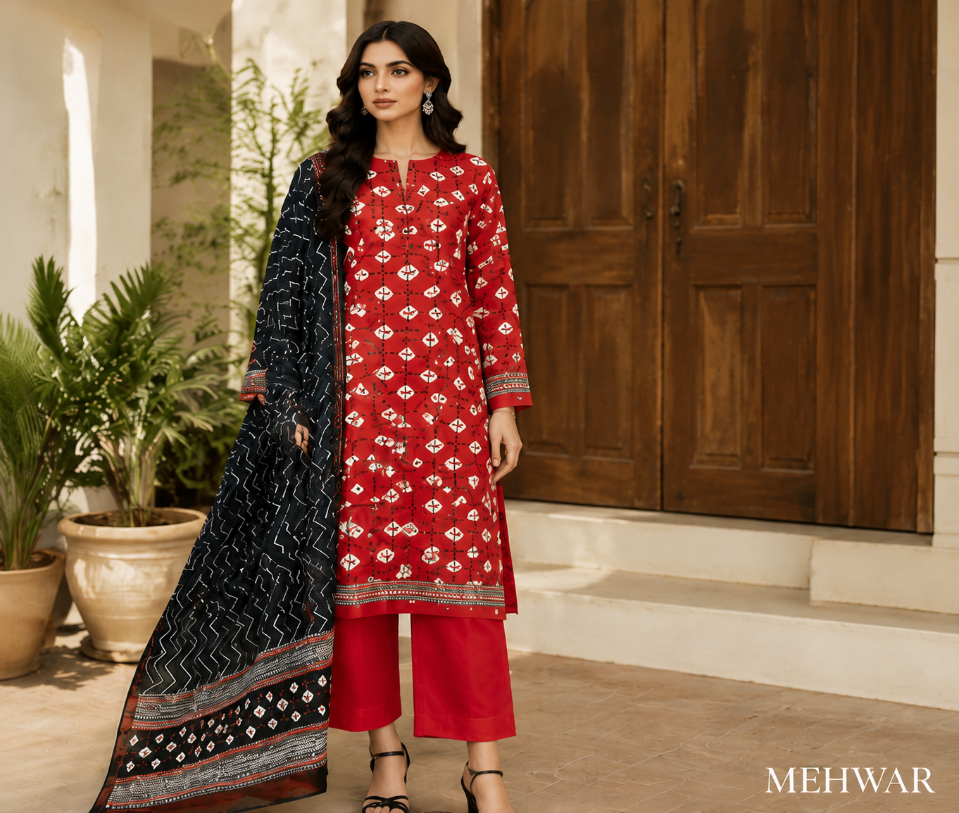 Mehwar – Crimson Noir Printed Lawn Suit